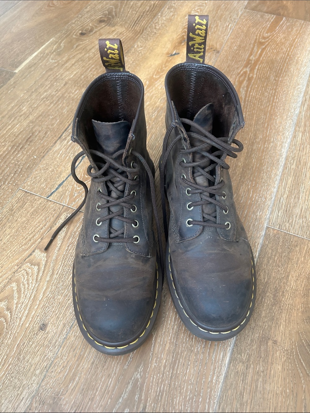 Dr. Martens Dark Brown Leather Boots -Yellow Stitching Men’s sz 9/Womens sz 11